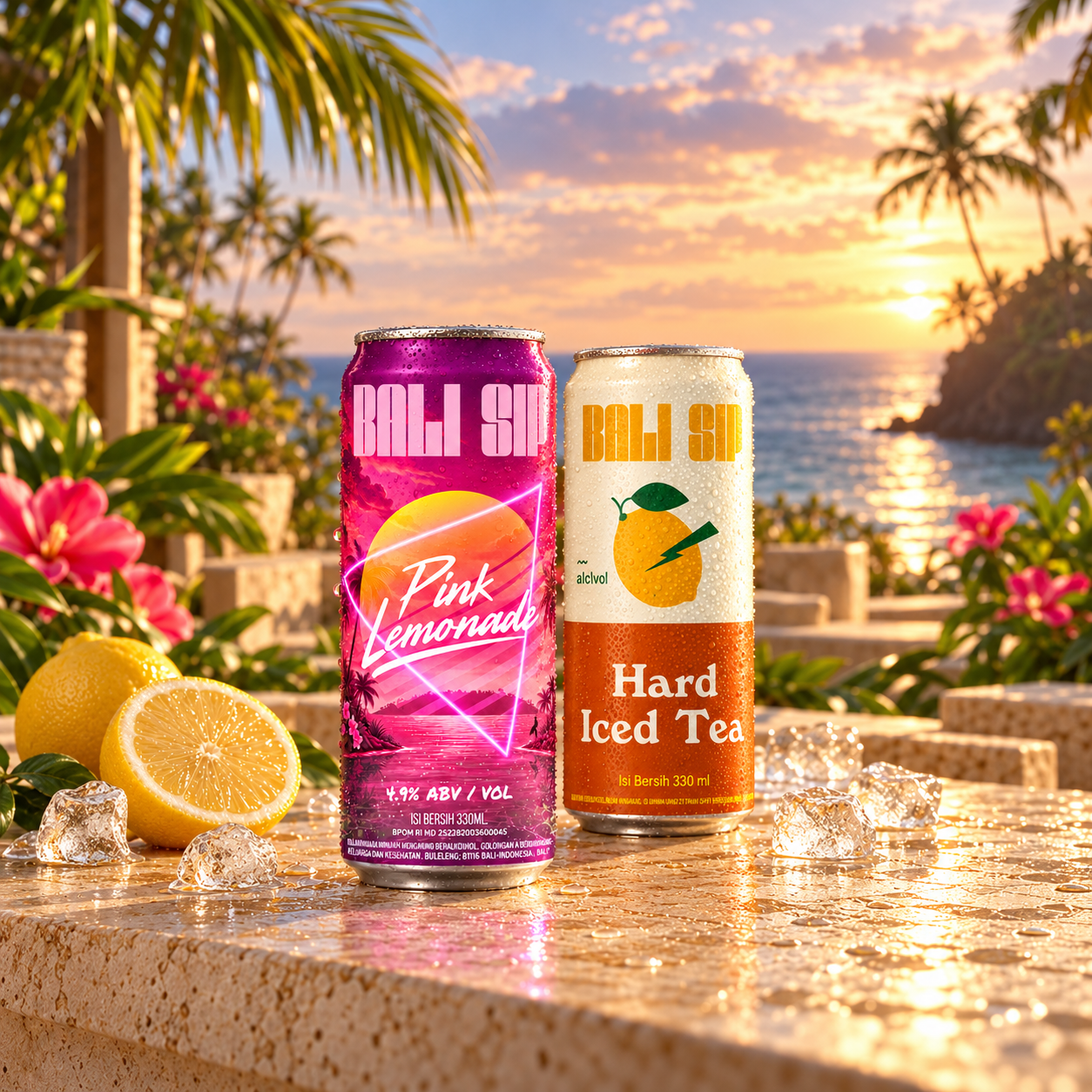Bali Sip Pink Lemonade and Hard Iced Tea cans on a sunlit Bali terrace